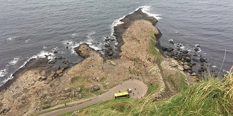 Looking down from The clifftop path to the Giant's Causeway below