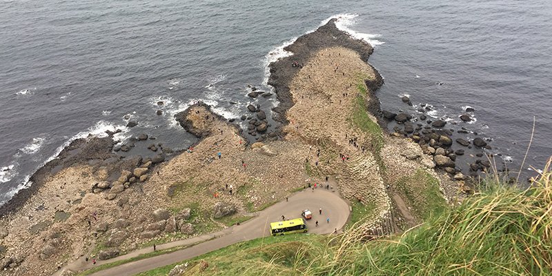 Looking down from The clifftop path to the Giant's Causeway below