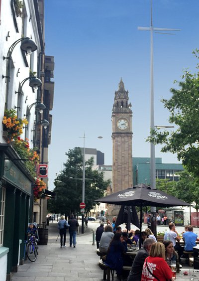 Belfast Street with Out door bar and the Albert Memorial Clock
