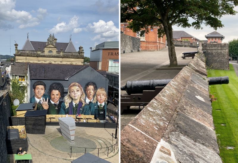 Derry Girls Mural and canons on the wall
