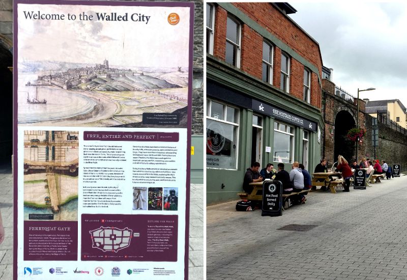 Derry Walls - sign board and cafe