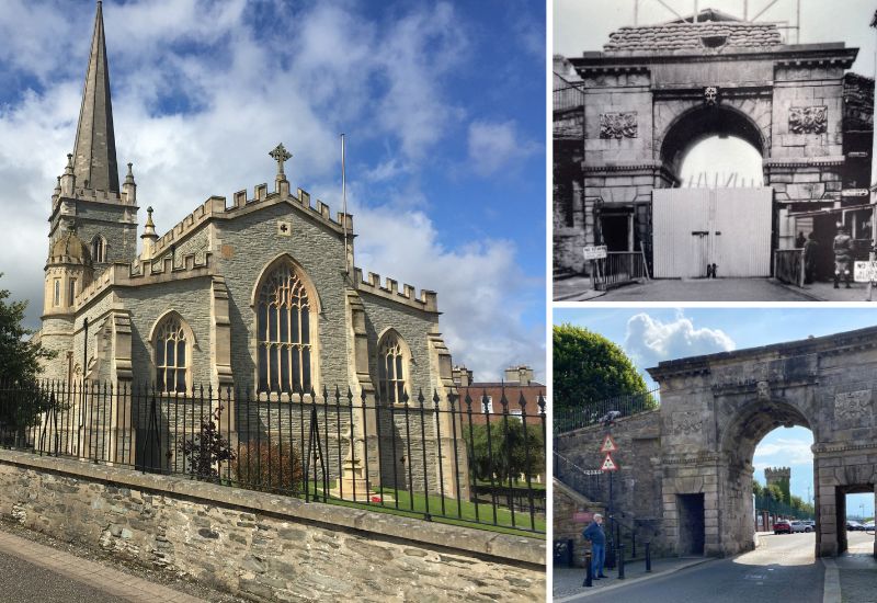 St Columb's Cathedral and Bishop's Gate - as it was during The Troubles, and today